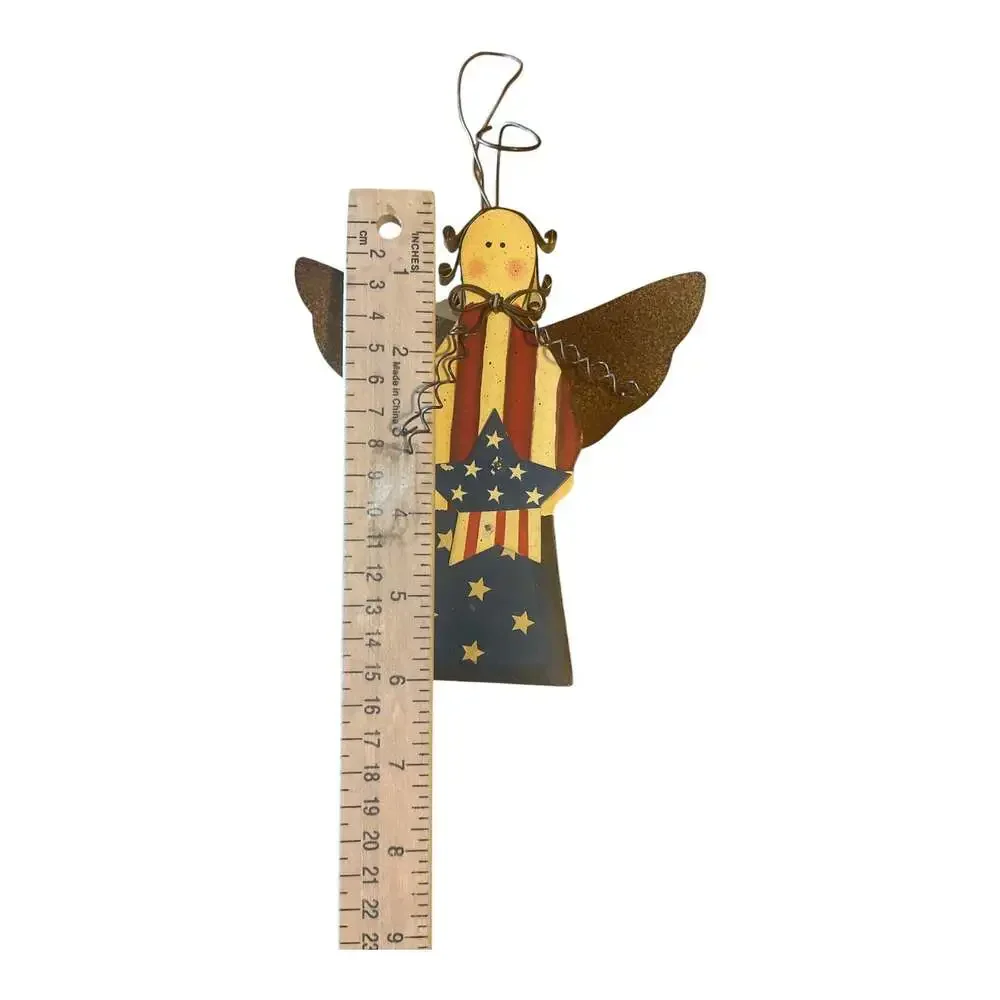 Rustic Patriotic Americana Metal Angel Hanging Ornament with Stars and Stripes